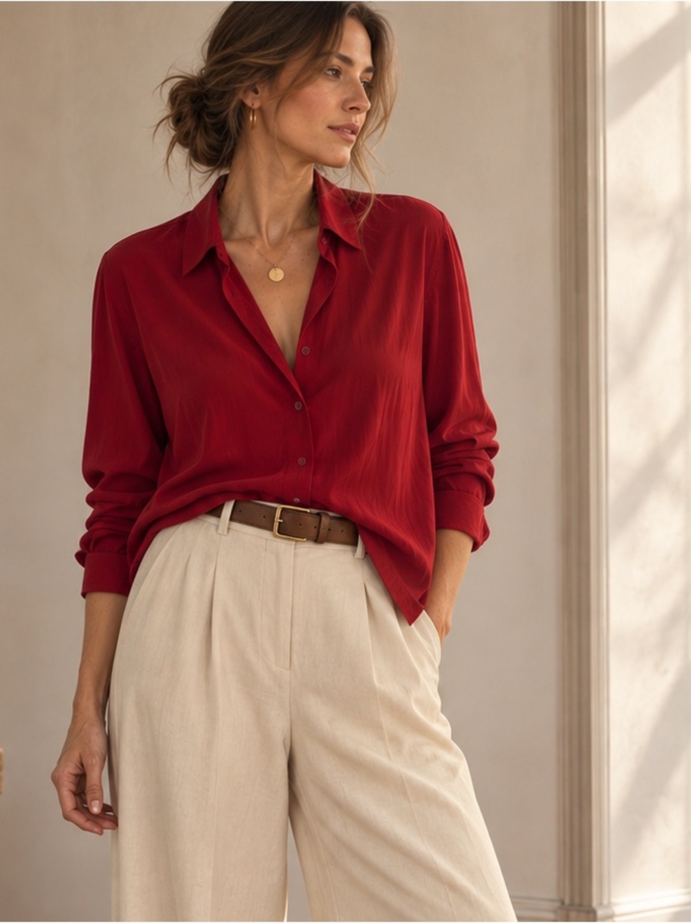 Vintage JNY 100% Silk Red Button Front Blouse
